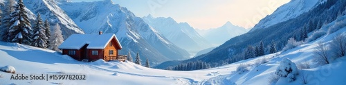 Wallpaper Mural A lone cabin nestled deep within a snowy, secluded mountain valley, far from civilization Perfect winter isolation, untouched wilderness, serene tranquility , peaceful, outdoors Torontodigital.ca
