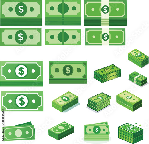 Cartoon money, Green dollar isolated vector illustration icons set