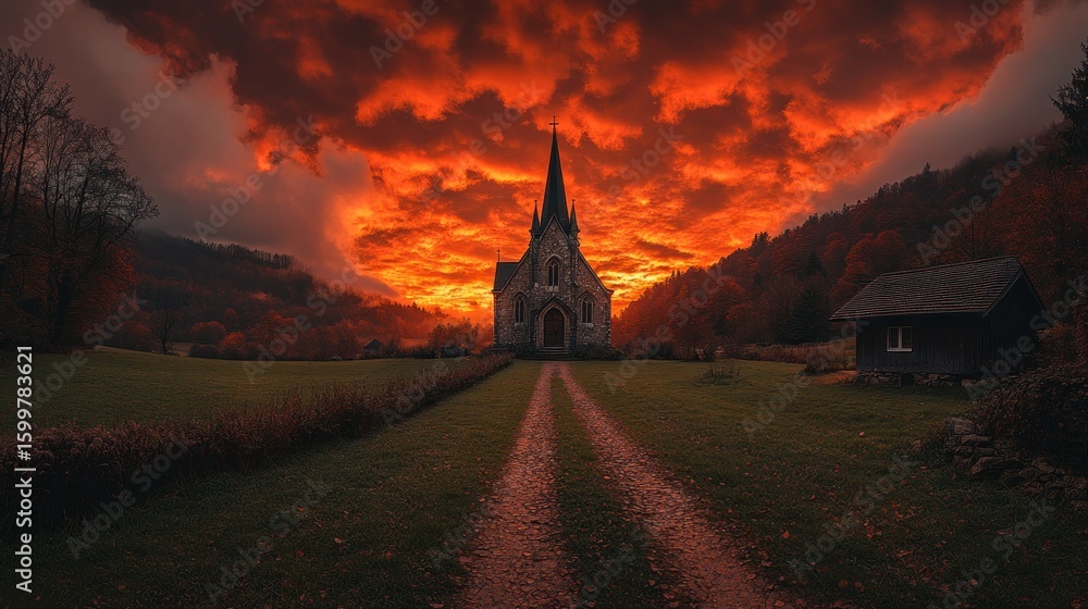Obraz premium Fiery sunset over church
