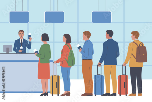 People standing in line at airport check in counter with luggage and passports being checked by staff