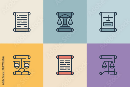 Collection of law and justice icons featuring scales and scrolls on a multicolored background grid