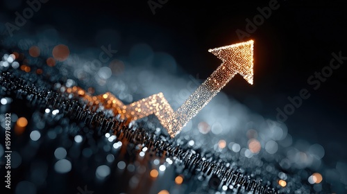 Rising arrow chart overlays abstract tech background, symbolizing big data analysis, financial growth, market success, and futuristic investment strategy in business economy.
