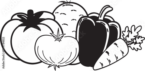Black and white illustration of assorted vegetables 1