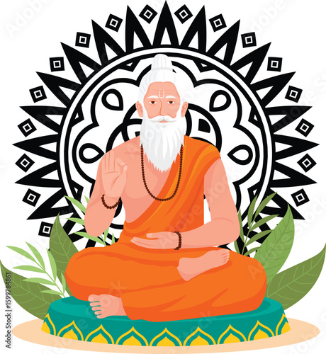 Meditating Guru with Mandala Background and Green Leaves Illustration Art