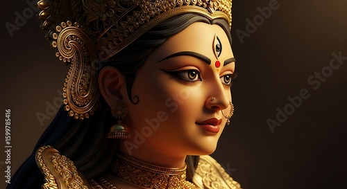 Exquisite portrait of goddess durga adorned in golden jewelry and royal attire