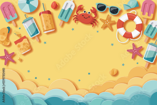 A summer themed background with beach elements like crab starfish and ice cream on a yellow backdrop