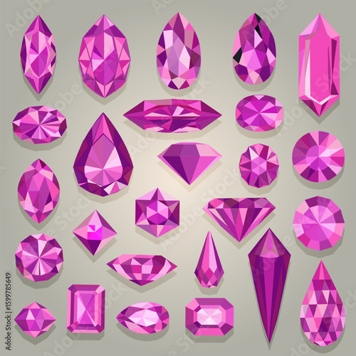 Illustration set of pink gems of different cuts and shapes
