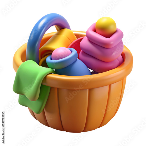 Colorful basket filled with toys and cloth isolated on a transparent background