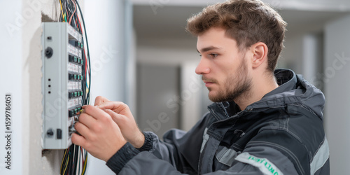 Ein Elektriker der an einen Stromkasten die Kabel anschließt. Rohbau Bauen Elektrik Arbeiter