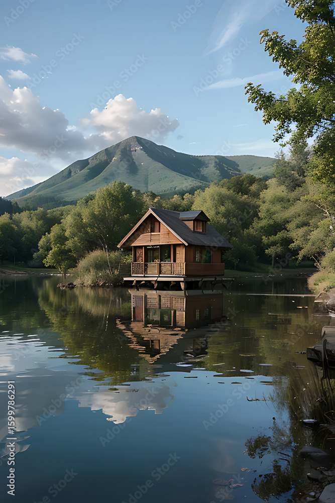 Fototapeta premium Wooden cabin on stilts in a lake, reflecting the sky and surrounding trees with a mountain backdrop.