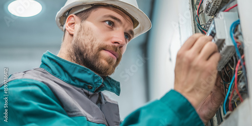 Ein Elektriker der an einen Stromkasten die Kabel anschließt. Rohbau Bauen Elektrik Arbeiter