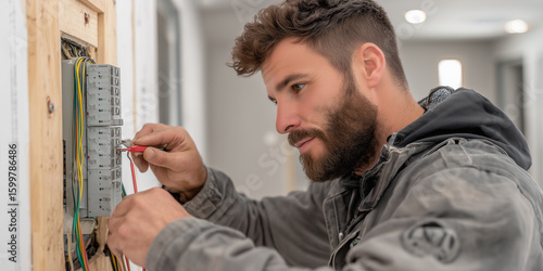 Ein Elektriker der an einen Stromkasten die Kabel anschließt. Rohbau Bauen Elektrik Arbeiter
