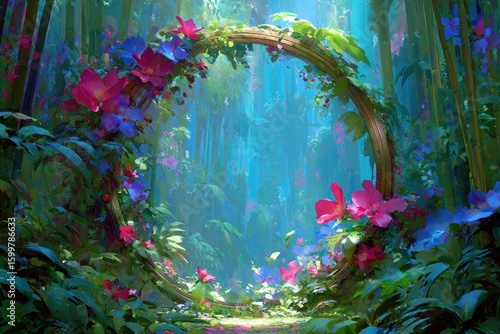 Lush, vibrant floral archway in a tropical forest