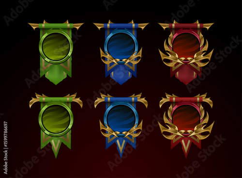 set of fantasy medieval rpg game tier rank badges with banner and golden frame decoration