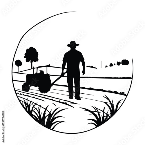 Silhouette of a farmer in casual clothing supervising a tractor on a rural field. A male farmer in a straw hat observes his tractor while standing in a rural landscape.