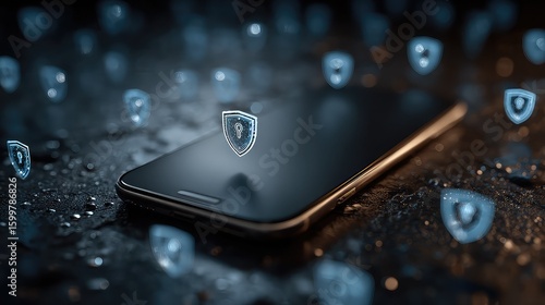 Smartphone surrounded by floating digital shields symbolizes mobile data protection, cybersecurity encryption, and real-time threat defense for secure smart device usage.