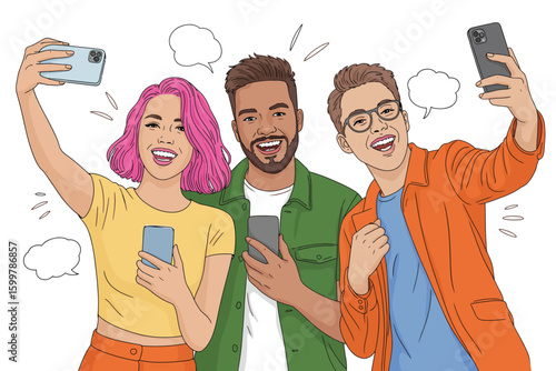 Three friends taking selfies with smartphones and smiling with speech bubbles on a white background