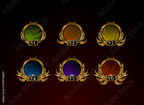 set of game frame badge with tier rank in golden gothic fantasy medieval theme