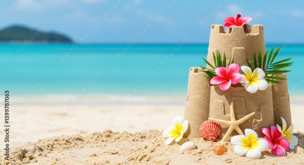 Sandcastle with flowers and seashells on a tropical beach with blue ocean and sky. Relaxing seaside escape. Summer vacation and holiday travel concept for banner, poster, or card with empty space.
Sandcastle with flowers and seashells on a tropical beach with blue ocean and sky. Relaxing seaside escape. Summer vacation and holiday travel concept for banner, poster, or card with empty space.