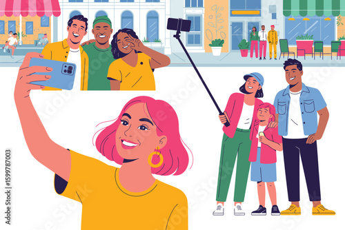 People taking selfies with friends and family on a city street using phones and selfie sticks