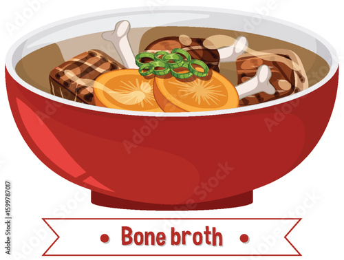 Vector Illustration of Bone Broth in Red Bowl