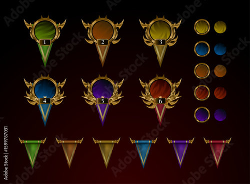 collection set of fantasy medieval game tier badges template with golden frame, banner flag, and level