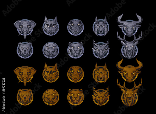collection set of fantasy animal head badge medals in silver stone and gold