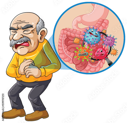Elderly Man Experiencing Stomach Pain with Bacterial Infection