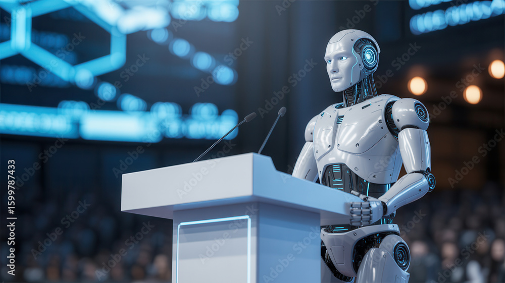 Naklejka premium Robot speaker at podium addressing audience with futuristic background