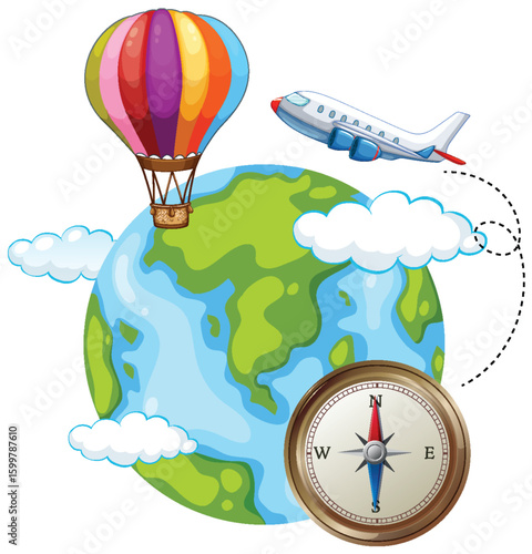 Globe with Hot Air Balloon, Airplane, and Compass Illustration
