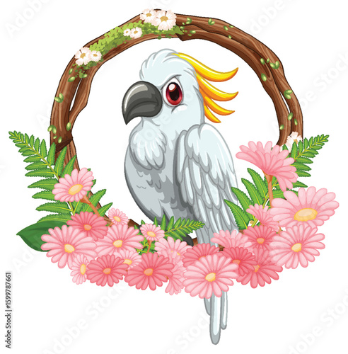 Cockatoo Bird with Floral Wreath Illustration