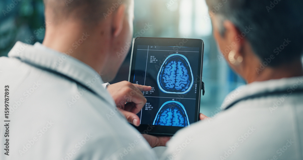 Ταπετσαρία Hands, doctors and tablet for brain scan, neurology and MRI on screen for team collaboration at clinic
