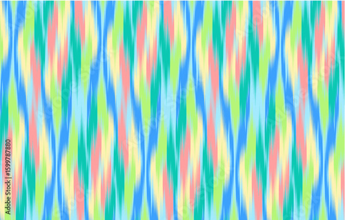 Is an abstract, vertical ikat-style pattern with blurred lines in shades of yellow, green, pink and blue.