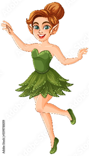 Playful Fairy in Green Dress Vector Illustration