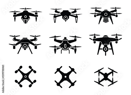 Drone Quadcopter with Camera set collection pack black icon silhouette vector flat illustration design on white background