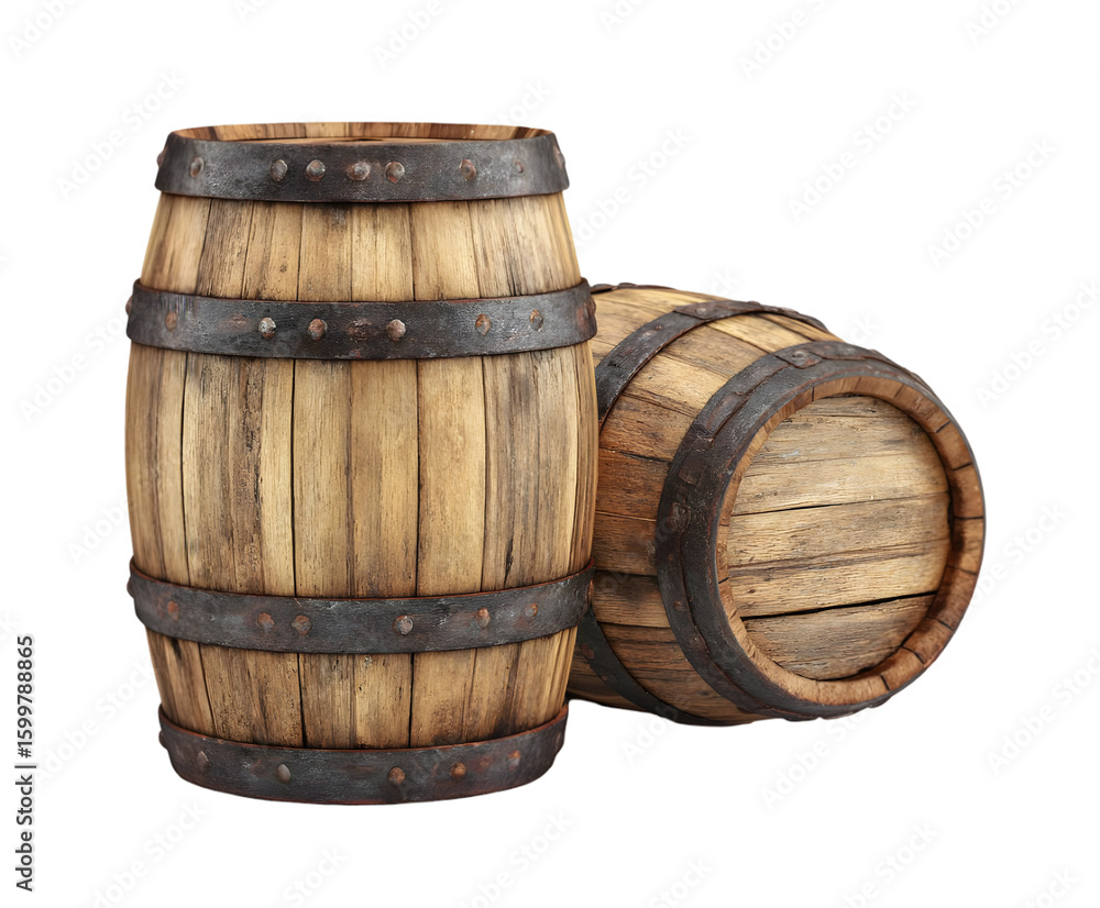 Fototapeta premium Rustic wooden barrels with metal bands, traditional storage containers