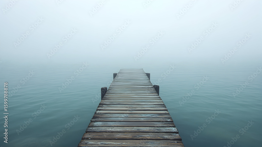 Fototapeta premium Wooden dock extending into foggy water.