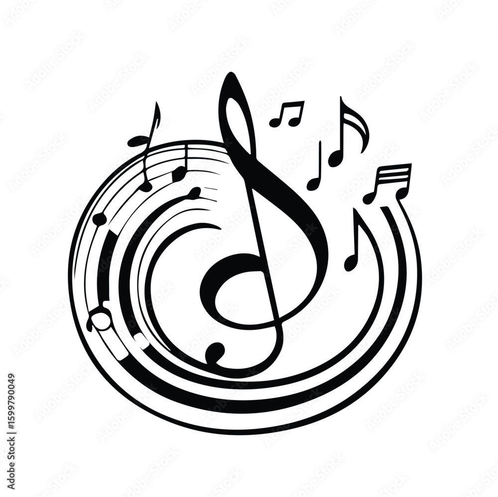 Fototapeta premium Music notes and clef in circular design. Abstract musical symbols arranged in a circular pattern with a treble clef at the center.