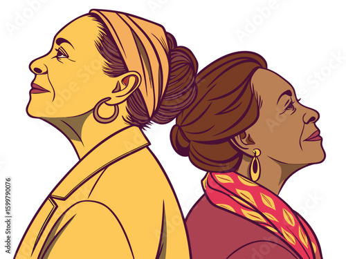 woman,looking sideways,side profile,curly hair,ear rings,fashion,retro style,digital illustration,vector art,clean lines,vibrant colors
