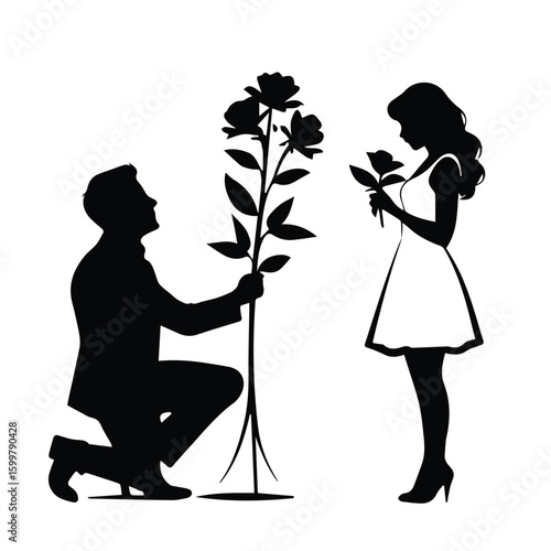 Man kneeling, presenting flowers to a woman in a dress; romantic proposal silhouette on a white background. Couple in formal wear, romantic gesture, proposing in a public place.