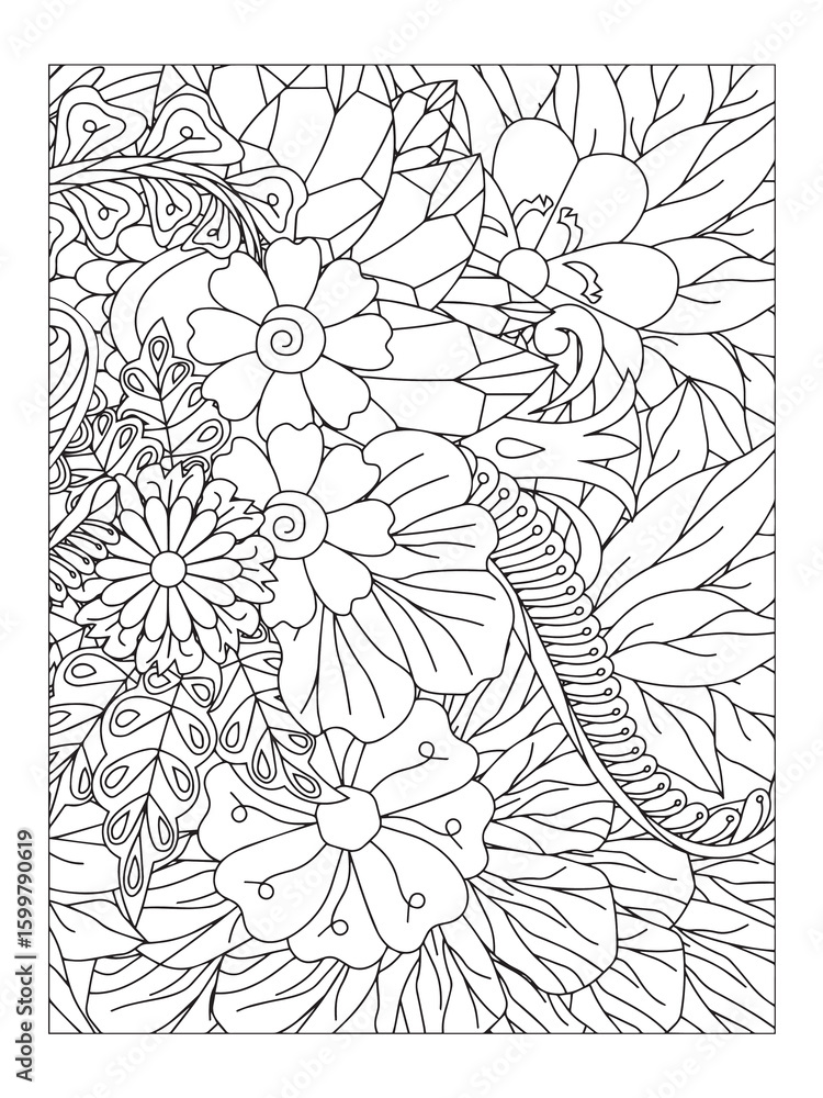 Fototapeta premium Doodle flowers. Flower pattern. Vector doodle flowers in black and white. coloring book and page for adults. Coloring flower page adults flower book Print Coloring page for the adult book. 