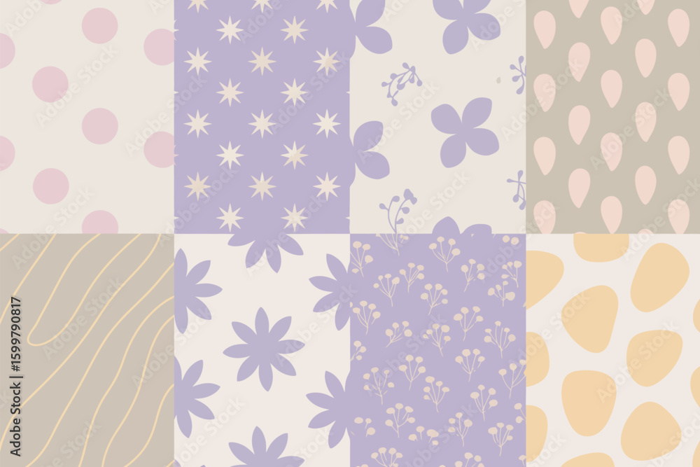 A patchwork of pastel patterns featuring polka dots, stars, flowers, and abstract shapes in soft colors