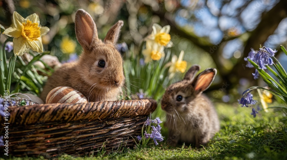 Fototapeta premium Two adorable baby rabbits in a spring garden setting.