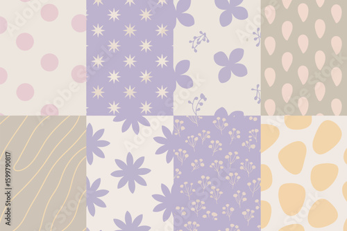 A patchwork of pastel patterns featuring polka dots, stars, flowers, and abstract shapes in soft colors