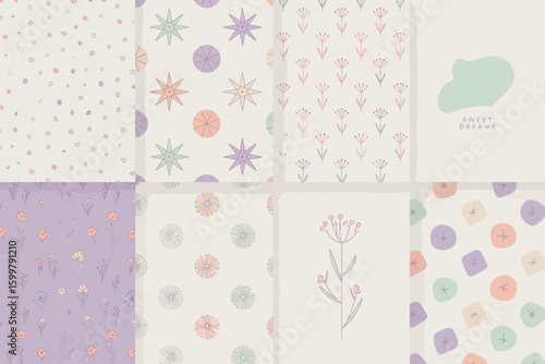 A collection of eight patterned squares featuring floral, star, and abstract designs in pastel colors