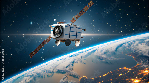 Wallpaper Mural White Satellite Orbiting Earth Night Space Solar Panels Stars image Torontodigital.ca