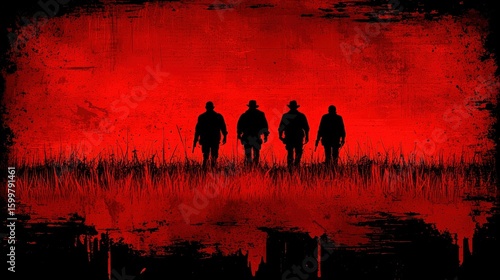 Red Dawn: Silhouetted Figures in a Crimson Field