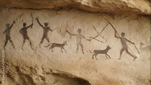 Ancient Cave Painting Beige Stone Wall Prehistoric Humans Hunting Dogs Spears Artwork