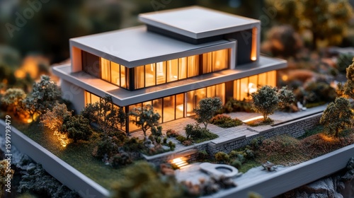 Illuminated architectural model of a modern house with landscaping at night.