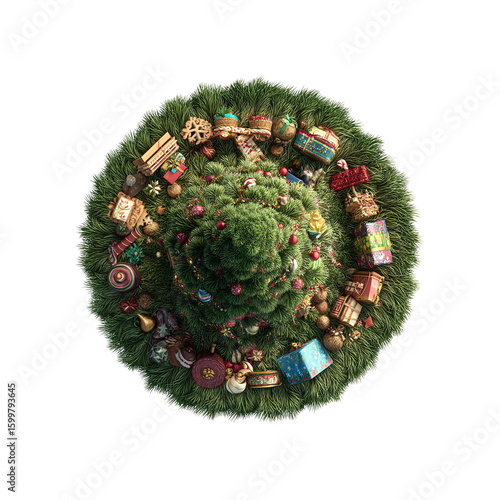 Aerial View of a Christmas Tree Surrounded by Gifts and Ornaments